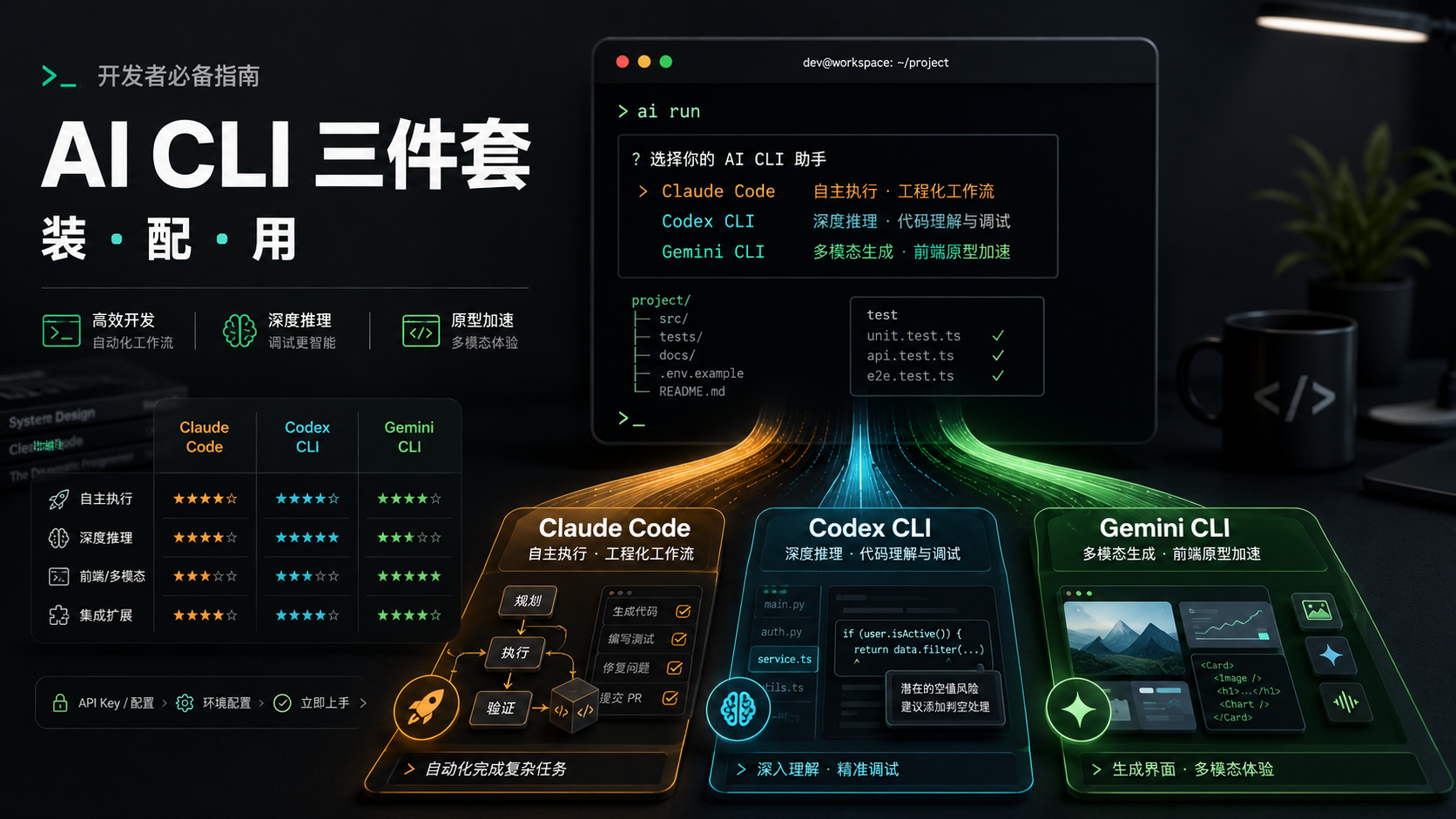 Cover Image of Claude Code / Codex / Gemini CLI 三件套：装、配、用