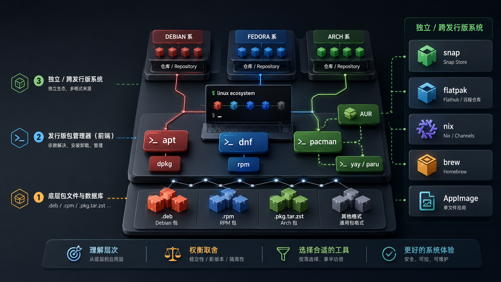 Cover Image of Linux 包管理器横评：apt / dnf / pacman / nix / flatpak / snap / appimage